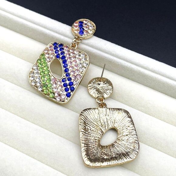 Yellow Gold with Multicolor Crystal Geometric Retro Drop Post Back Earrings - Picture 6 of 8